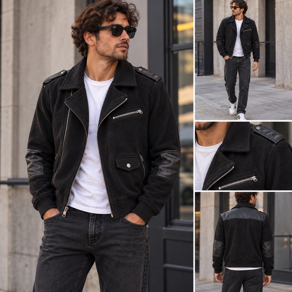 7 For All Mankind Mens Black Cotton Knit Lamb Leather Trim Moto Jacket Size M
